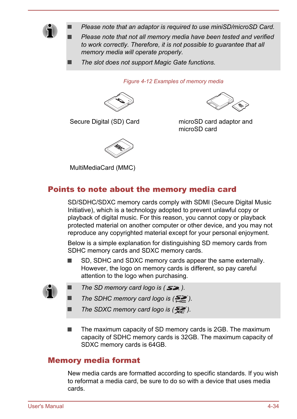 Points to note about the memory media card, Memory media format | Toshiba Satellite S70-A User Manual | Page 79 / 143