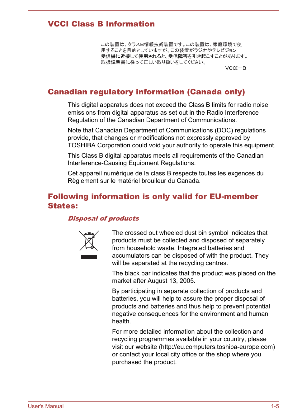 Vcci class b information, Canadian regulatory information (canada only) | Toshiba Satellite S70-A User Manual | Page 8 / 143