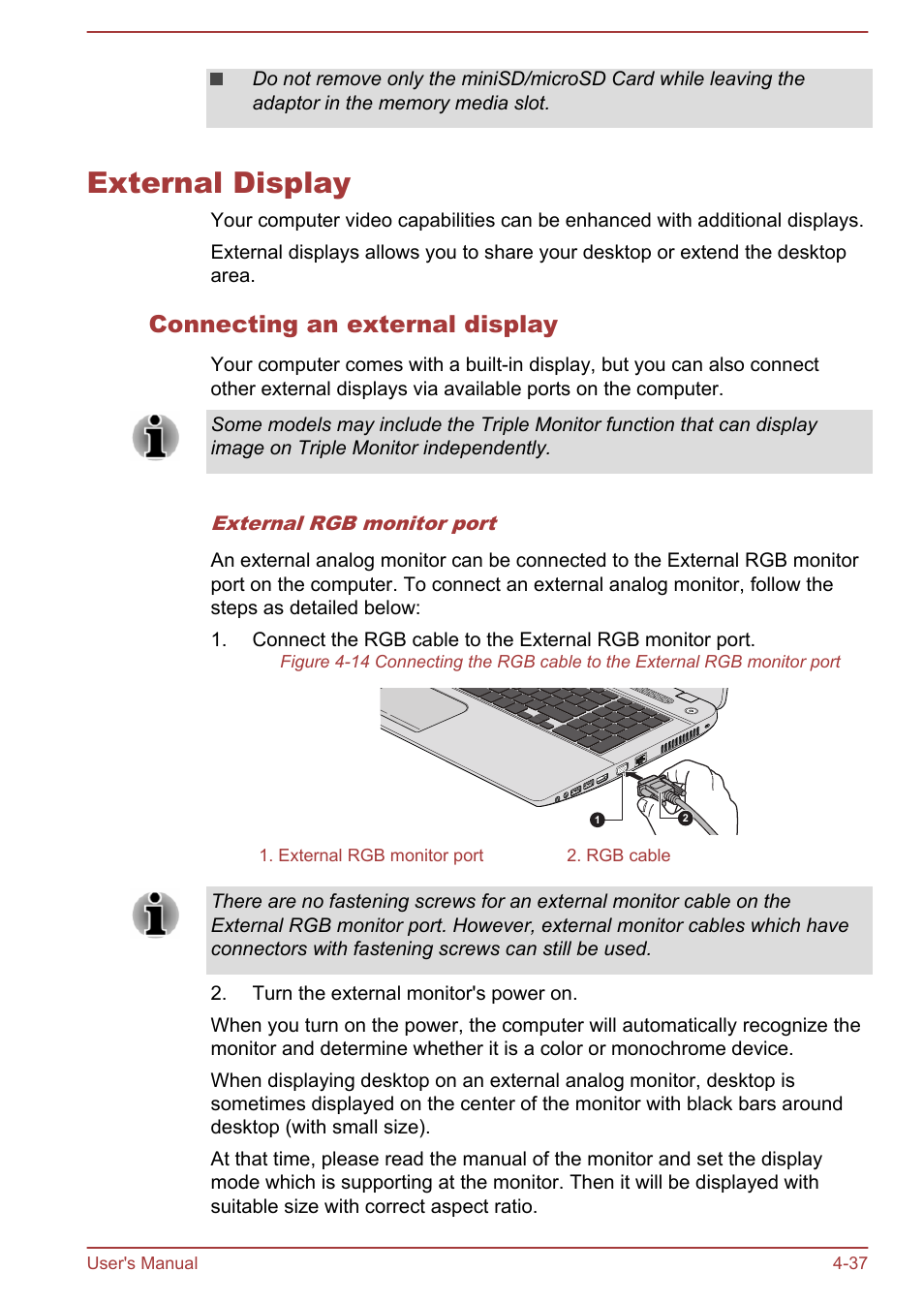 External display, Connecting an external display, External display -37 | Toshiba Satellite S70-A User Manual | Page 82 / 143