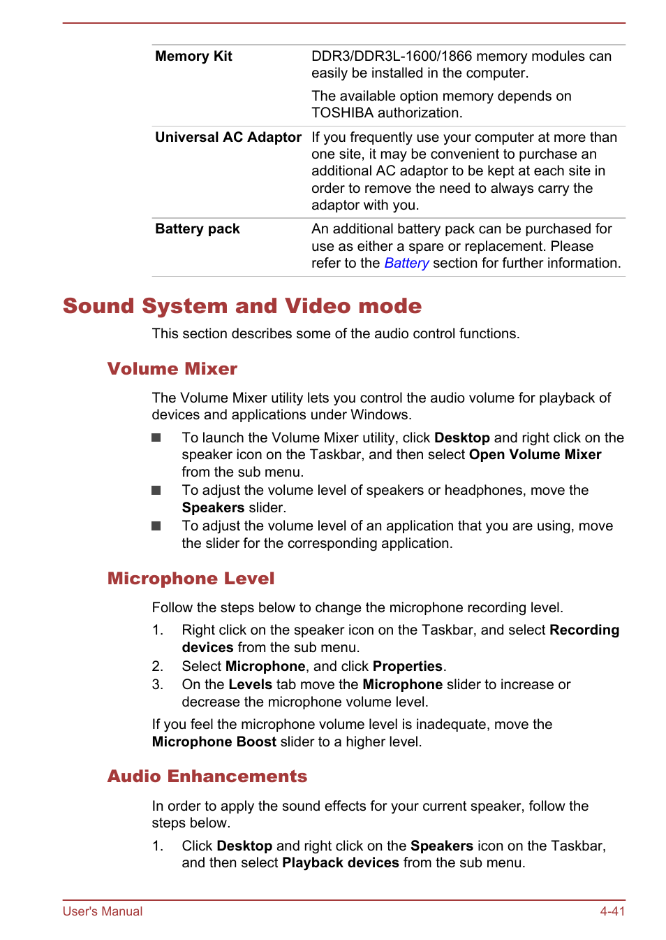 Sound system and video mode, Volume mixer, Microphone level | Audio enhancements, Sound system and video mode -41, To the | Toshiba Satellite S70-A User Manual | Page 86 / 143