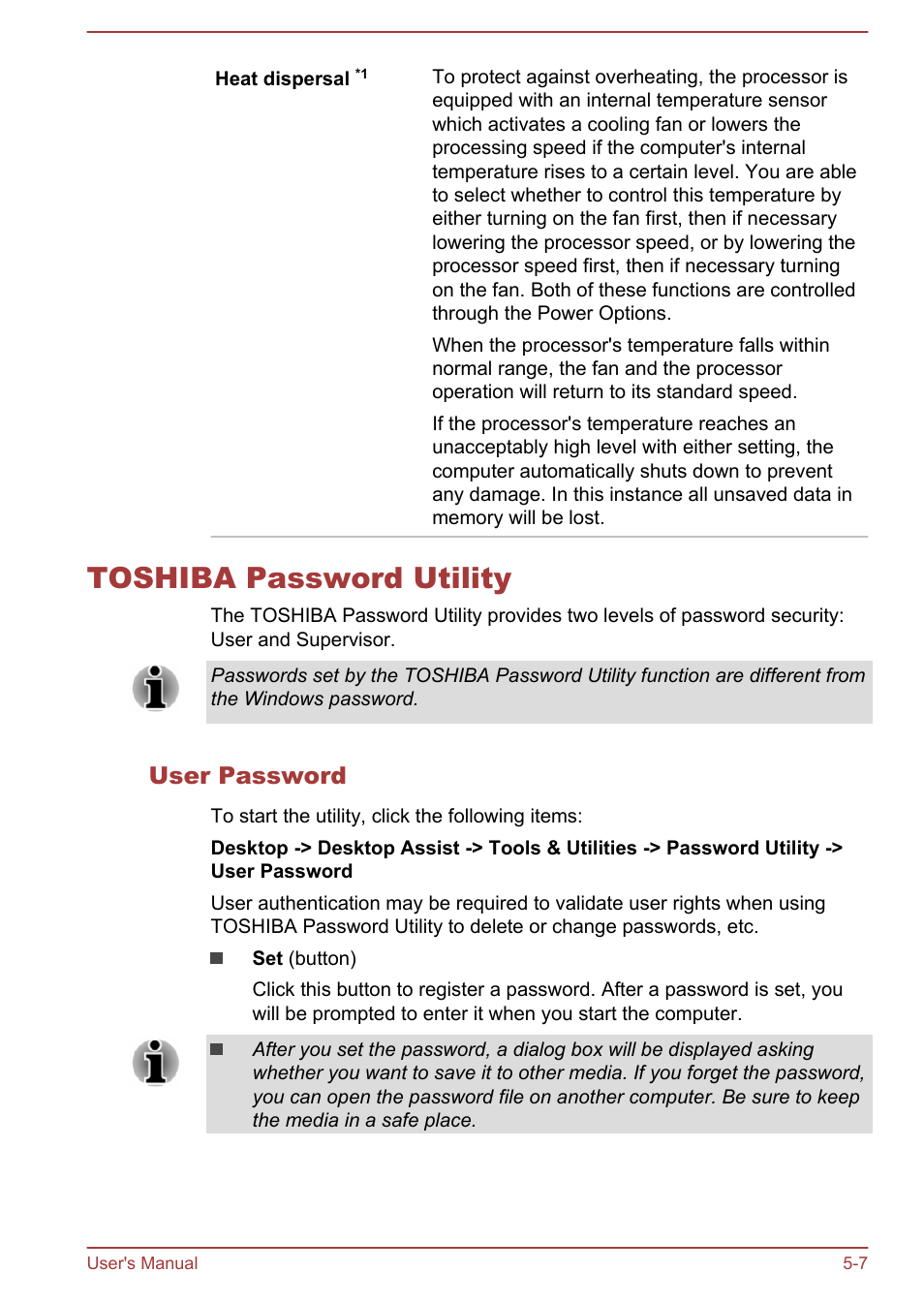 Toshiba password utility, User password, Toshiba password utility -7 | Toshiba Satellite S70-A User Manual | Page 95 / 143