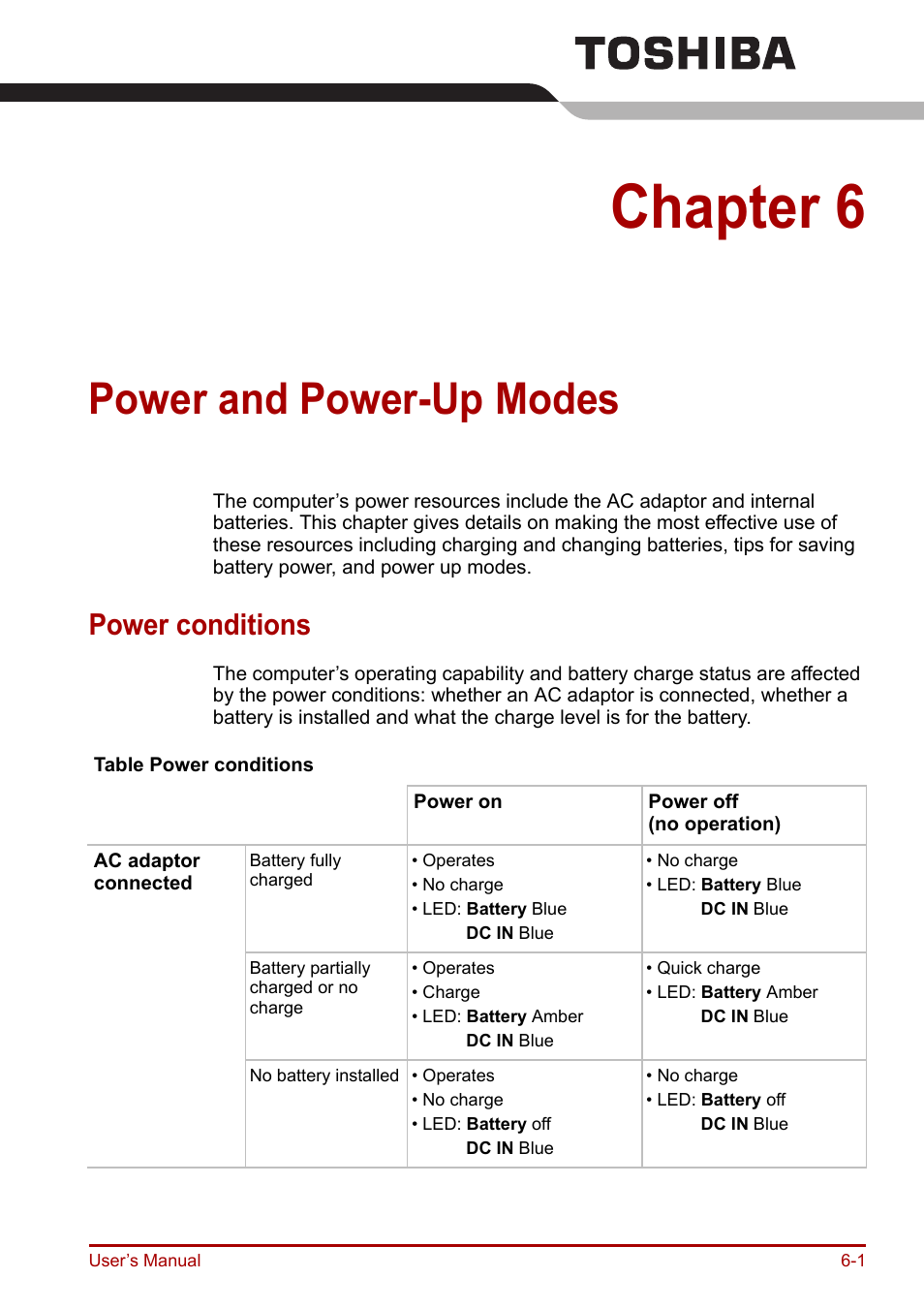 Chapter 6: power and power-up modes, Power conditions, Power and power-up modes | Chapter 6, Power conditions -1, Power and power, Up modes | Toshiba Equium A100 (PSAAB) User Manual | Page 106 / 187