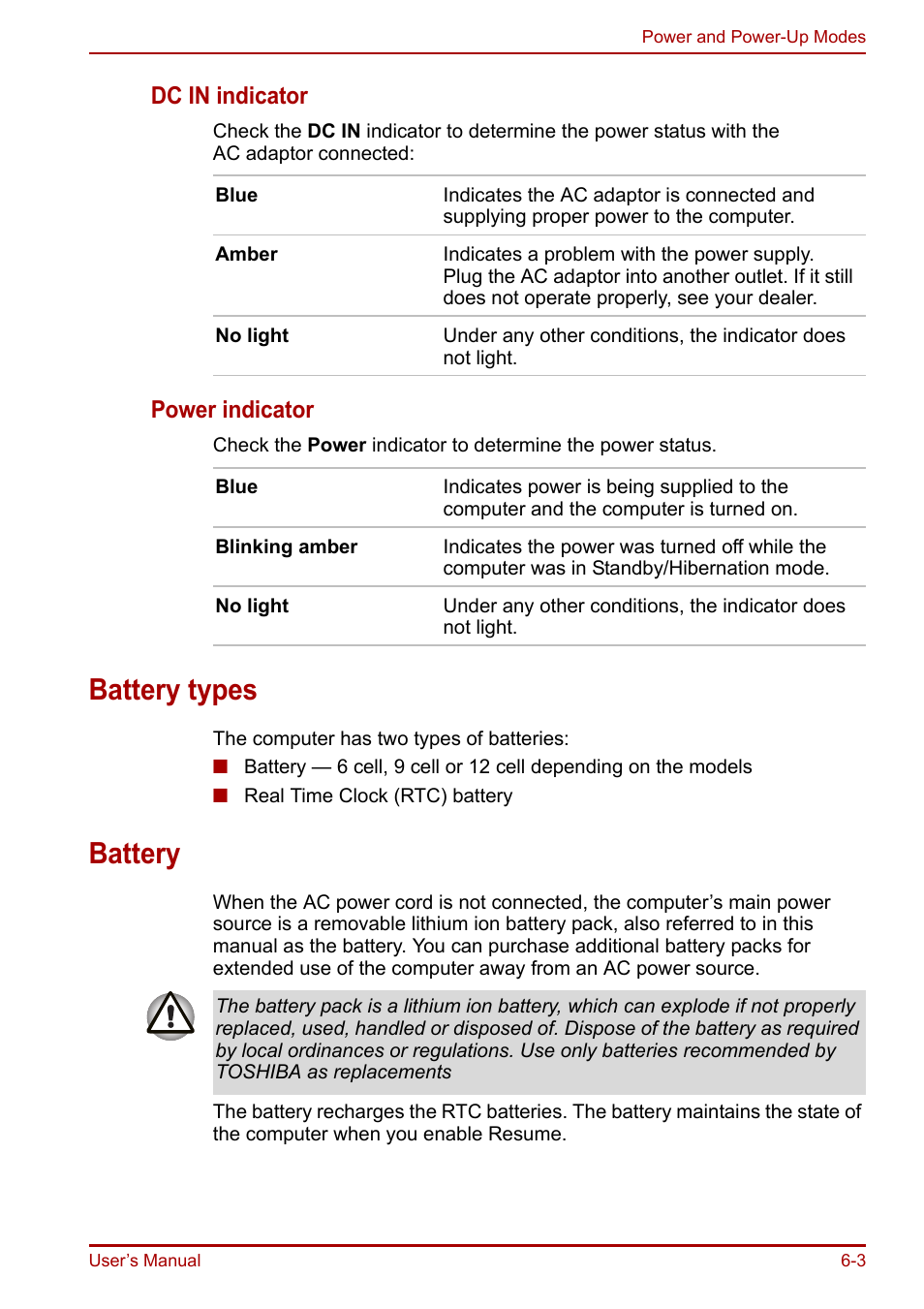Battery types, Battery, Battery types -3 battery -3 | Dc in indicator, Power indicator | Toshiba Equium A100 (PSAAB) User Manual | Page 108 / 187
