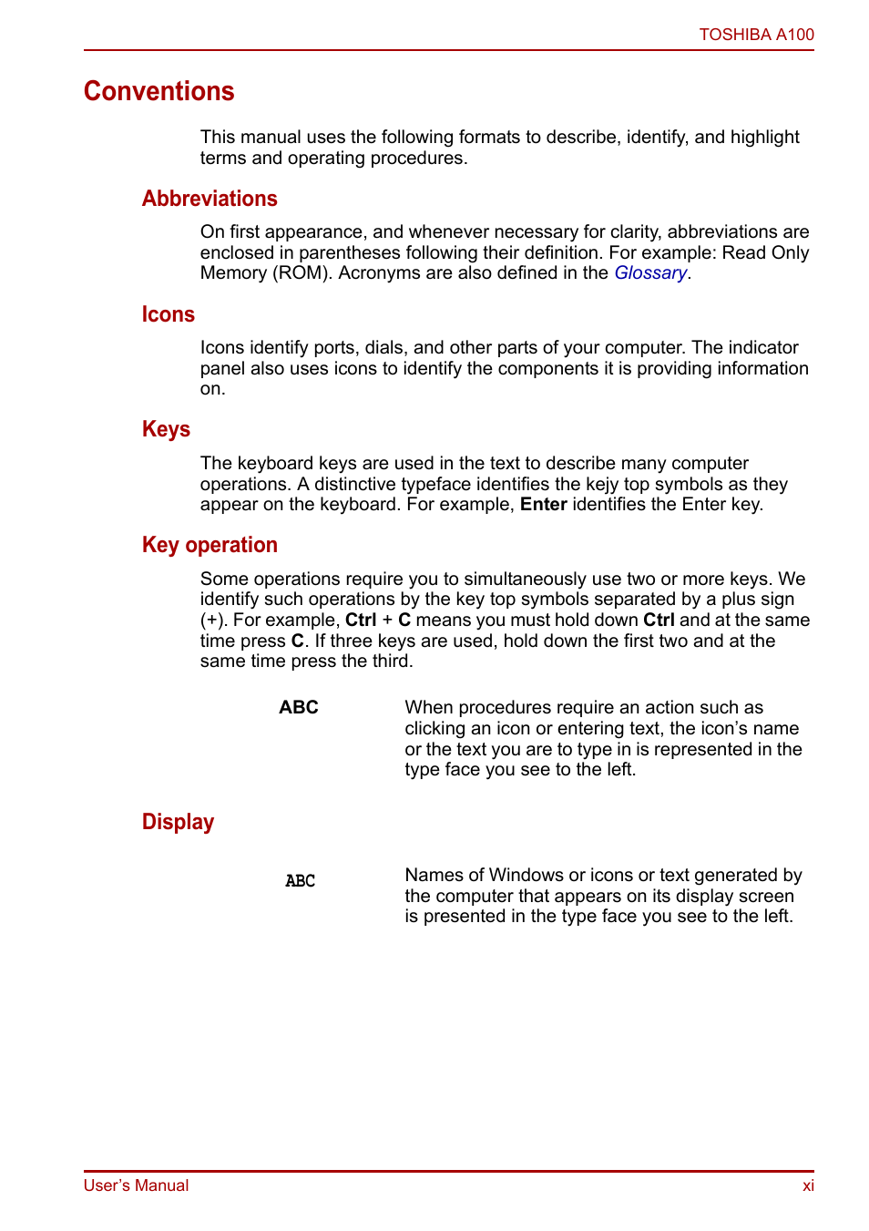 Conventions | Toshiba Equium A100 (PSAAB) User Manual | Page 11 / 187