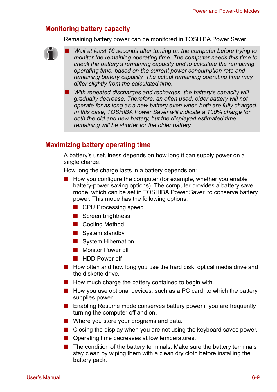 Monitoring battery capacity, Maximizing battery operating time | Toshiba Equium A100 (PSAAB) User Manual | Page 114 / 187