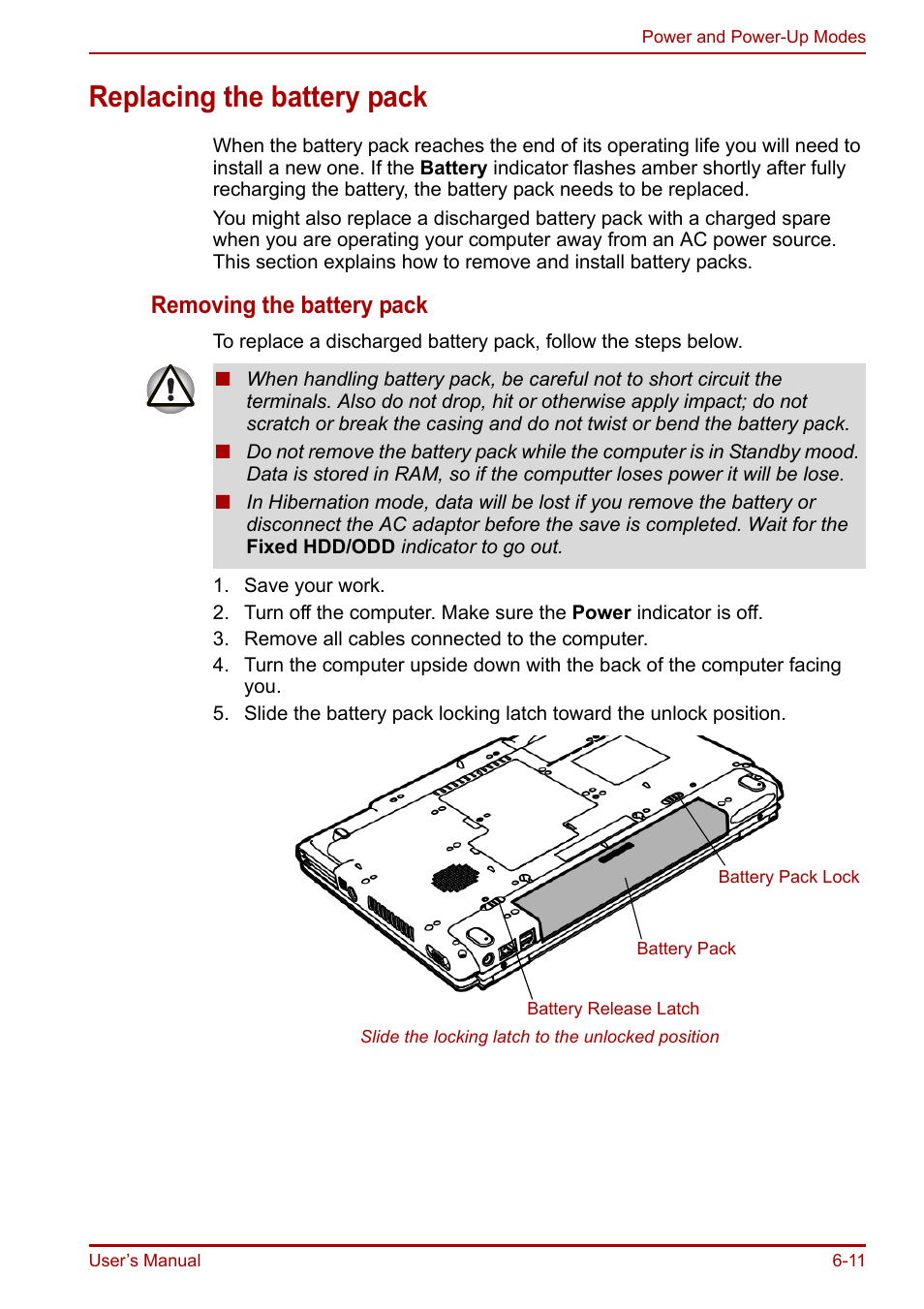 Replacing the battery pack, Replacing the battery pack -11, Removing the battery pack | Toshiba Equium A100 (PSAAB) User Manual | Page 116 / 187