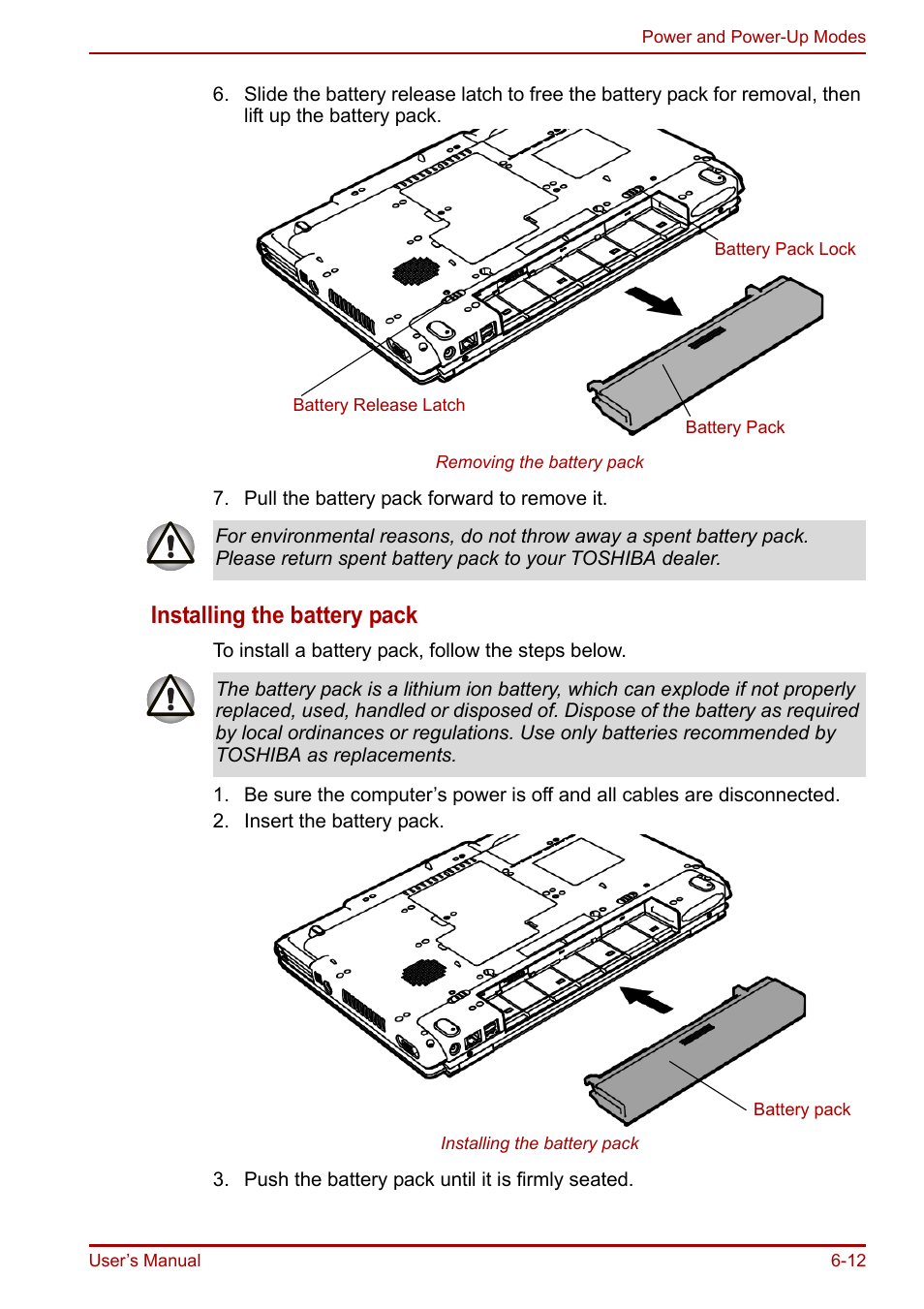 Installing the battery pack | Toshiba Equium A100 (PSAAB) User Manual | Page 117 / 187