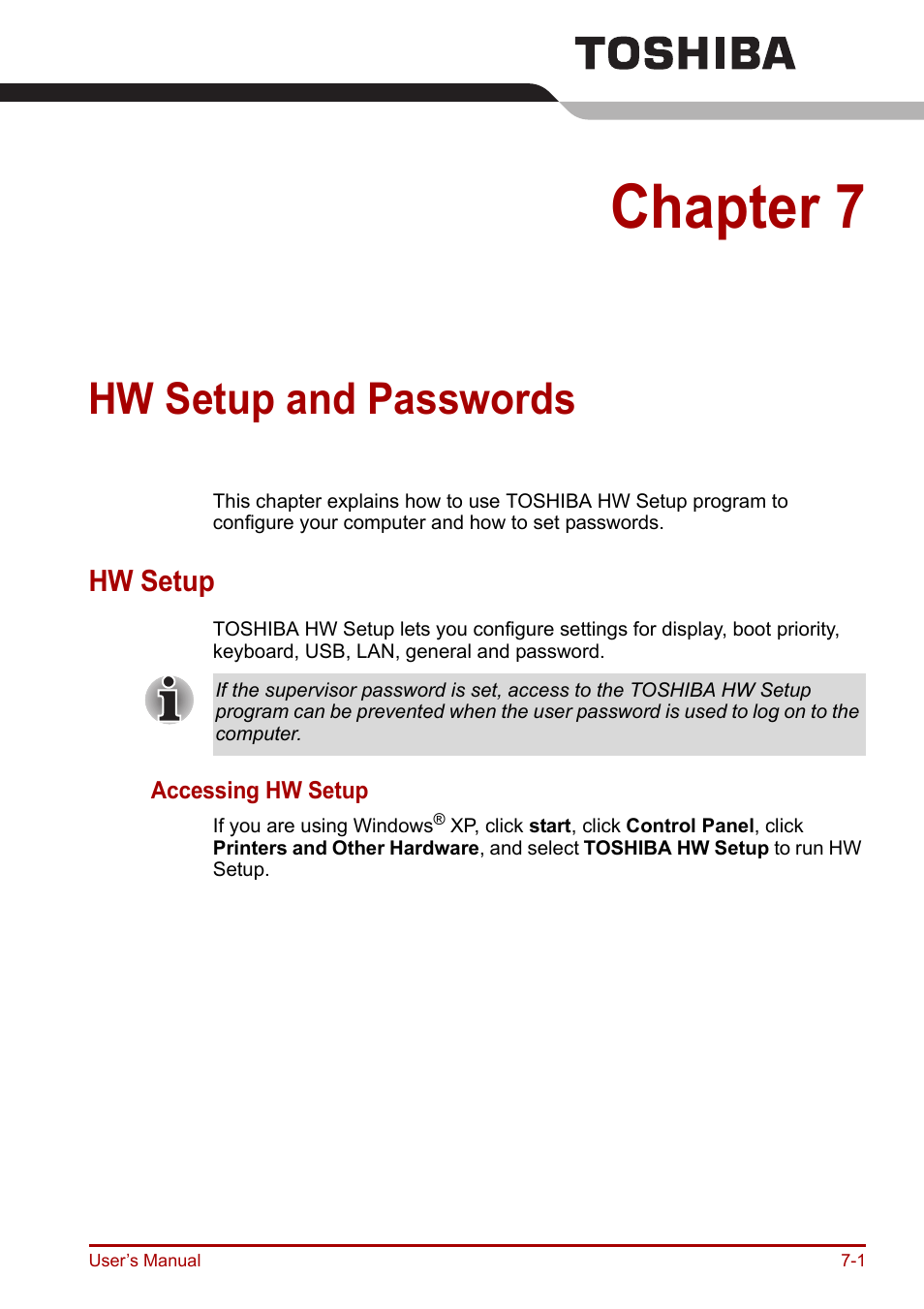 Chapter 7: hw setup and passwords, Hw setup, And passwords | Hw setup and passwords, Chapter 7, Hw setup -1, Hw setup and, Passwords | Toshiba Equium A100 (PSAAB) User Manual | Page 119 / 187