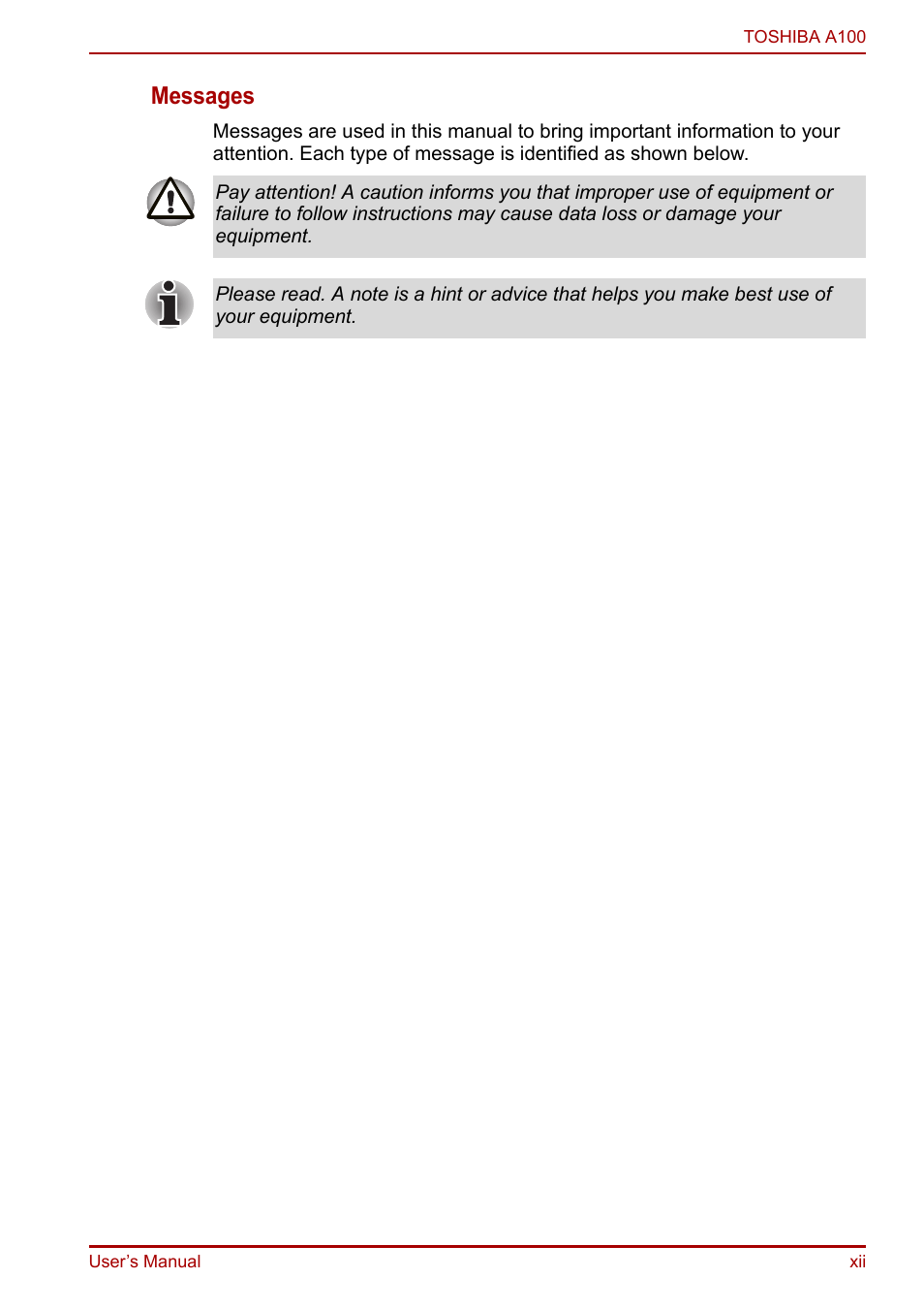 Messages | Toshiba Equium A100 (PSAAB) User Manual | Page 12 / 187