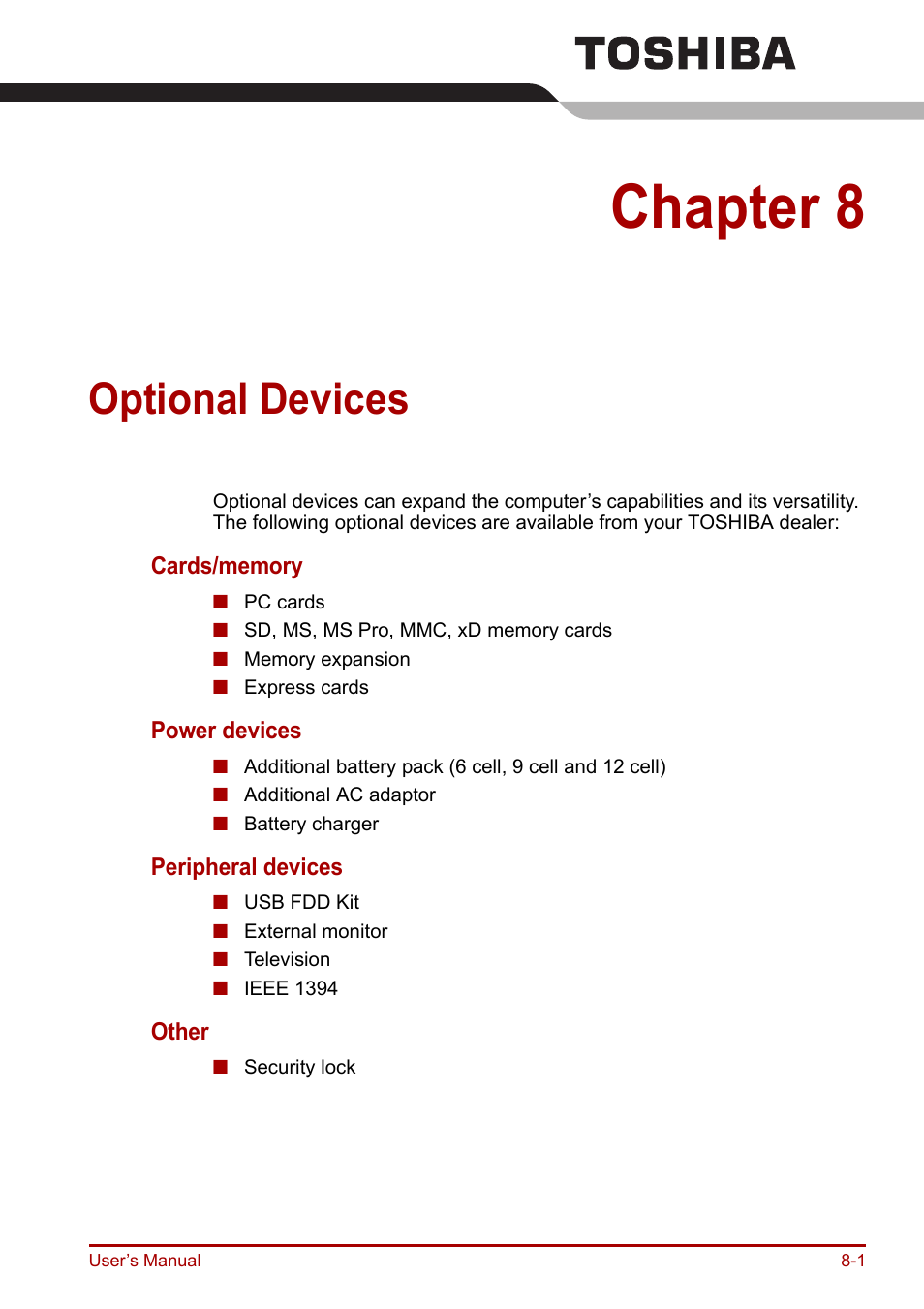 Chapter 8: optional devices, Optional devices, Chapter 8 | Toshiba Equium A100 (PSAAB) User Manual | Page 125 / 187