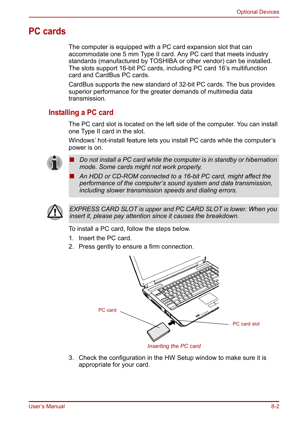 Pc cards, Pc cards -2, Installing a pc card | Toshiba Equium A100 (PSAAB) User Manual | Page 126 / 187