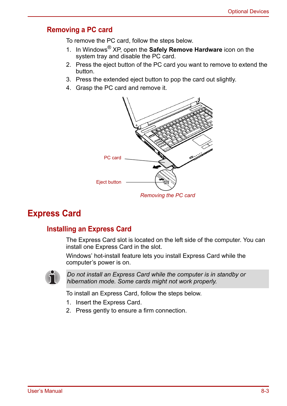 Express card, Express card -3, Removing a pc card | Installing an express card | Toshiba Equium A100 (PSAAB) User Manual | Page 127 / 187