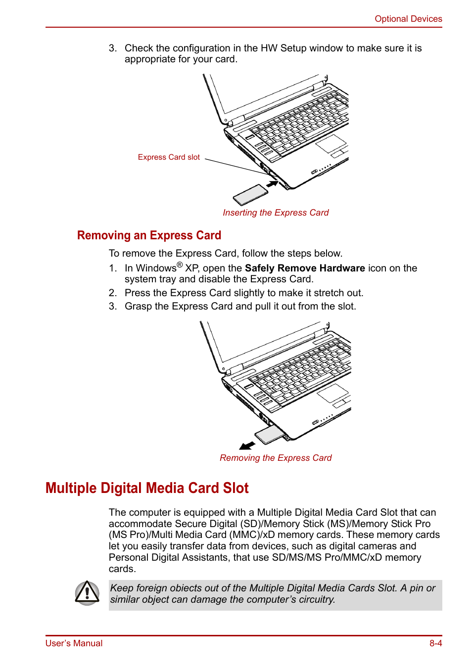 Multiple digital media card slot, Multiple digital media card slot -4, Removing an express card | Toshiba Equium A100 (PSAAB) User Manual | Page 128 / 187