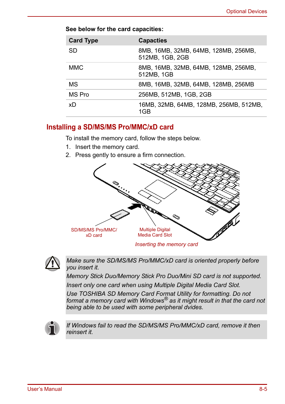 Installing a sd/ms/ms pro/mmc/xd card | Toshiba Equium A100 (PSAAB) User Manual | Page 129 / 187