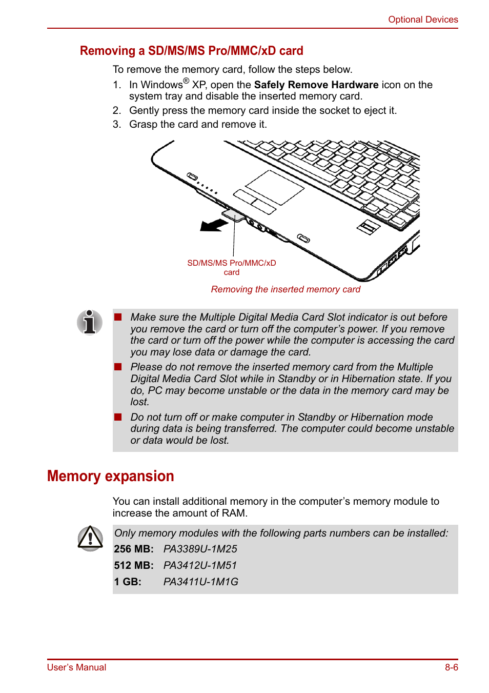 Memory expansion, Memory expansion -6, Removing a sd/ms/ms pro/mmc/xd card | Toshiba Equium A100 (PSAAB) User Manual | Page 130 / 187