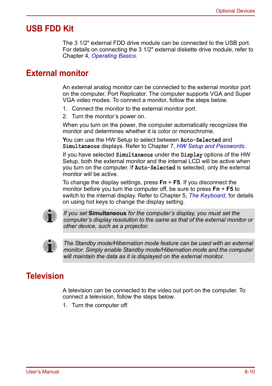 Usb fdd kit, External monitor, Television | Section | Toshiba Equium A100 (PSAAB) User Manual | Page 134 / 187