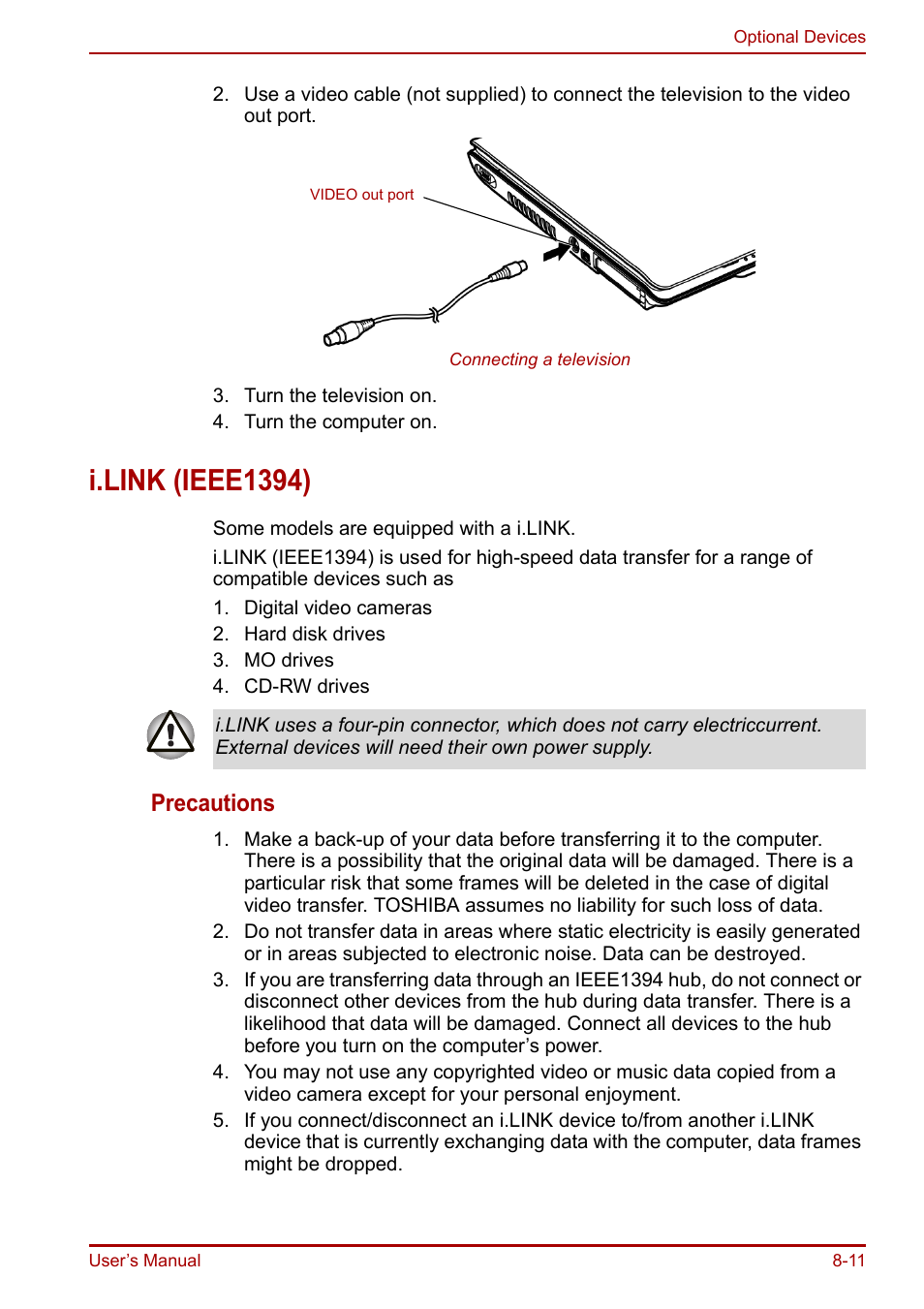 I.link (ieee1394), I.link (ieee1394) -11, Precautions | Toshiba Equium A100 (PSAAB) User Manual | Page 135 / 187