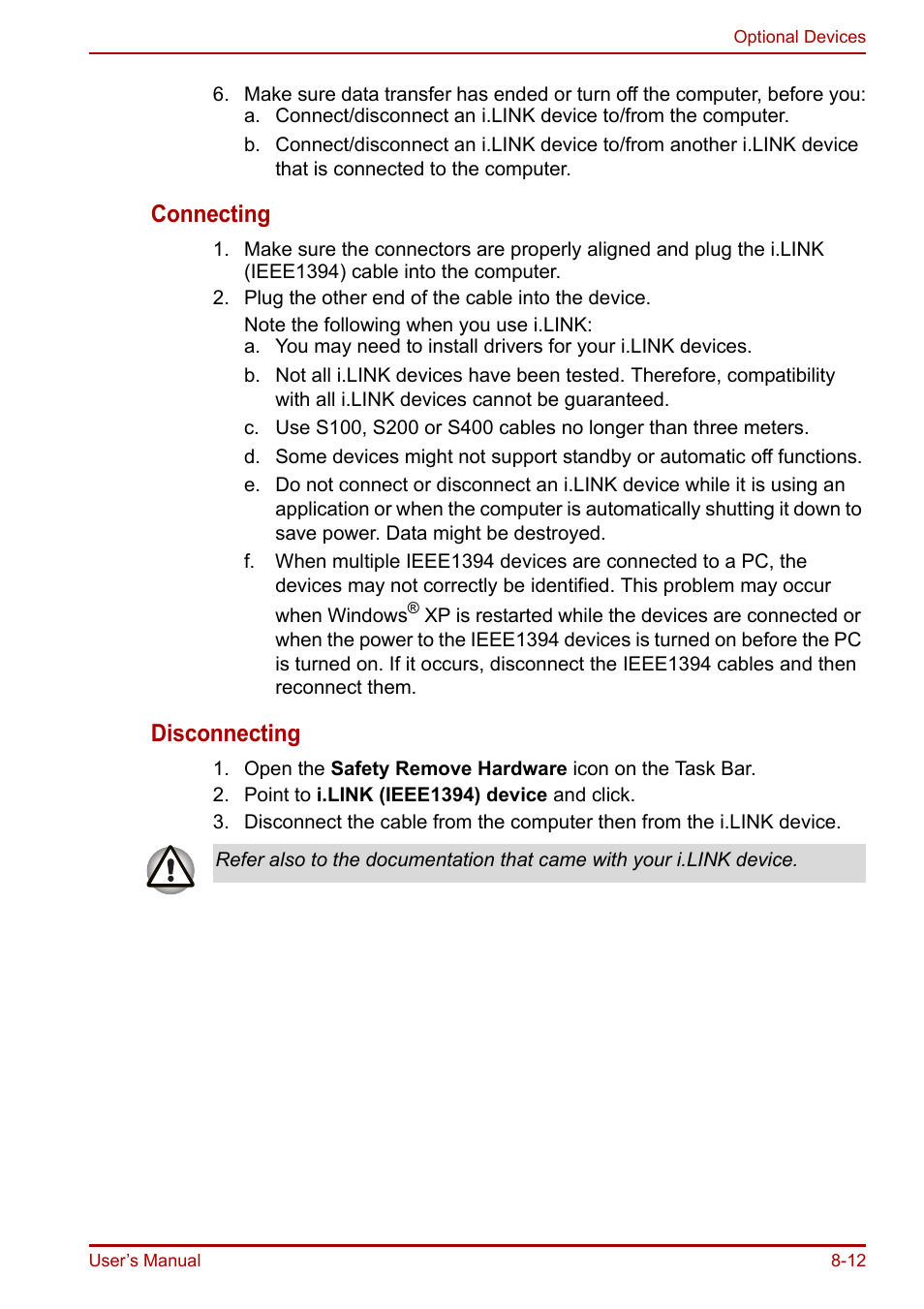 Connecting, Disconnecting | Toshiba Equium A100 (PSAAB) User Manual | Page 136 / 187