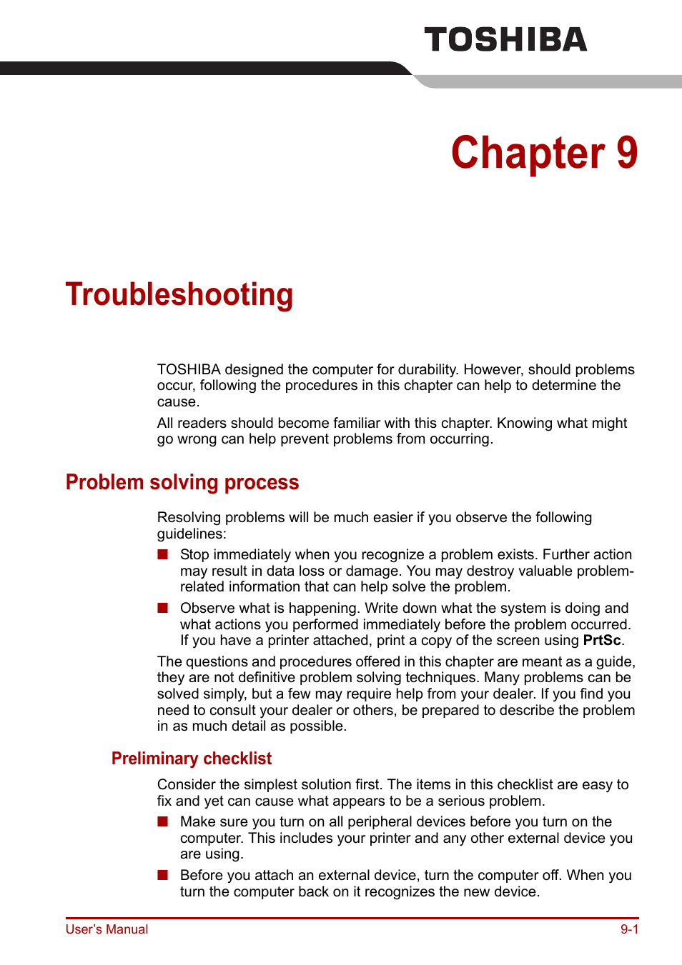 Chapter 9: troubleshooting, Problem solving process, Troubleshooting | Chapter 9, Problem solving process -1 | Toshiba Equium A100 (PSAAB) User Manual | Page 138 / 187
