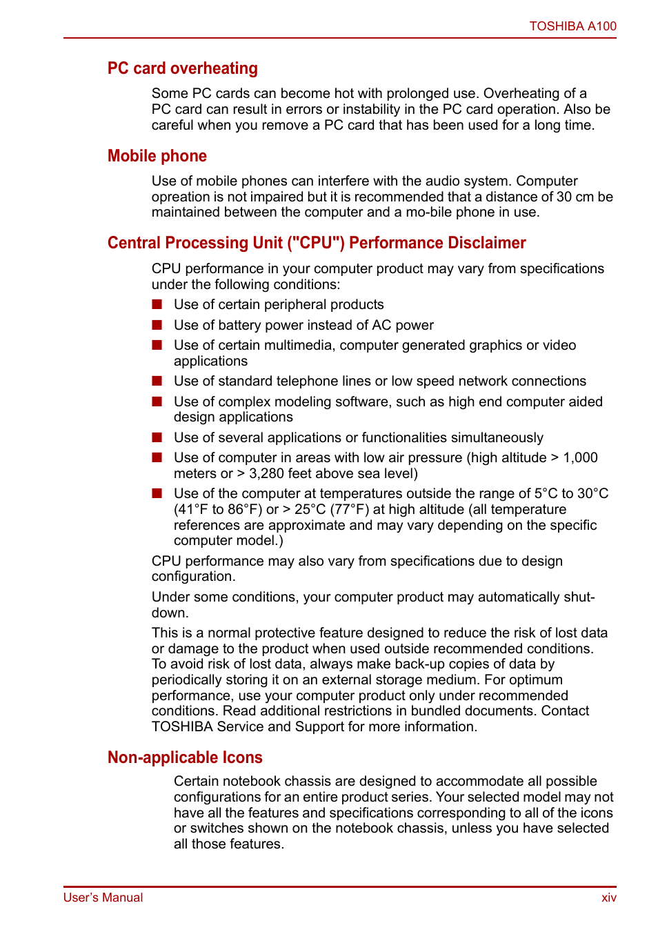 Pc card overheating, Mobile phone, Non-applicable icons | Toshiba Equium A100 (PSAAB) User Manual | Page 14 / 187