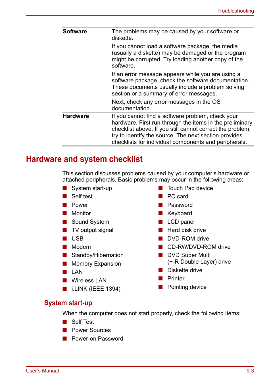 Hardware and system checklist, Hardware and system checklist -3, System start-up | Toshiba Equium A100 (PSAAB) User Manual | Page 140 / 187