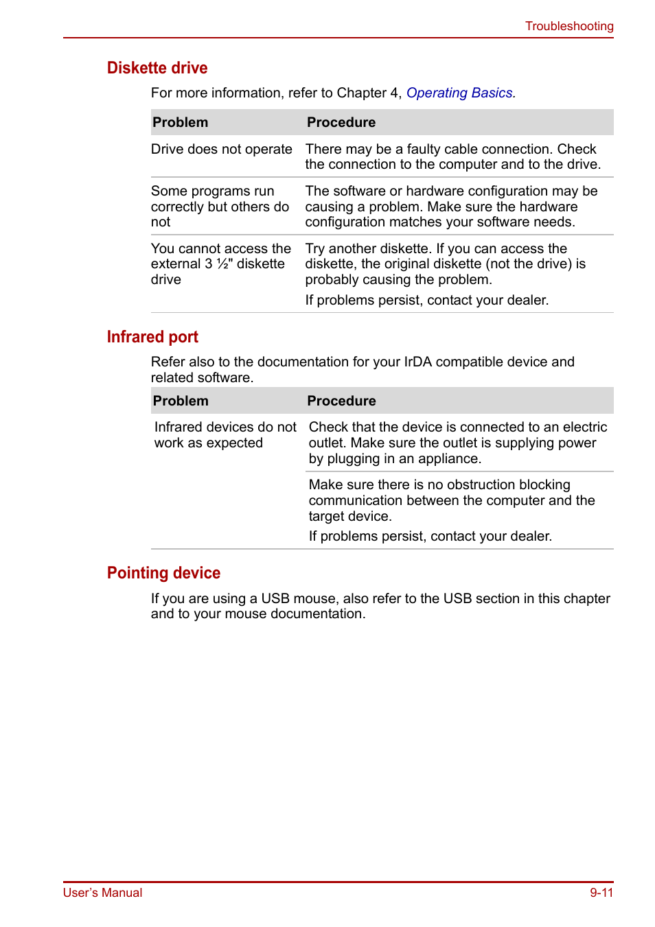 Diskette drive, Infrared port, Pointing device | Toshiba Equium A100 (PSAAB) User Manual | Page 148 / 187