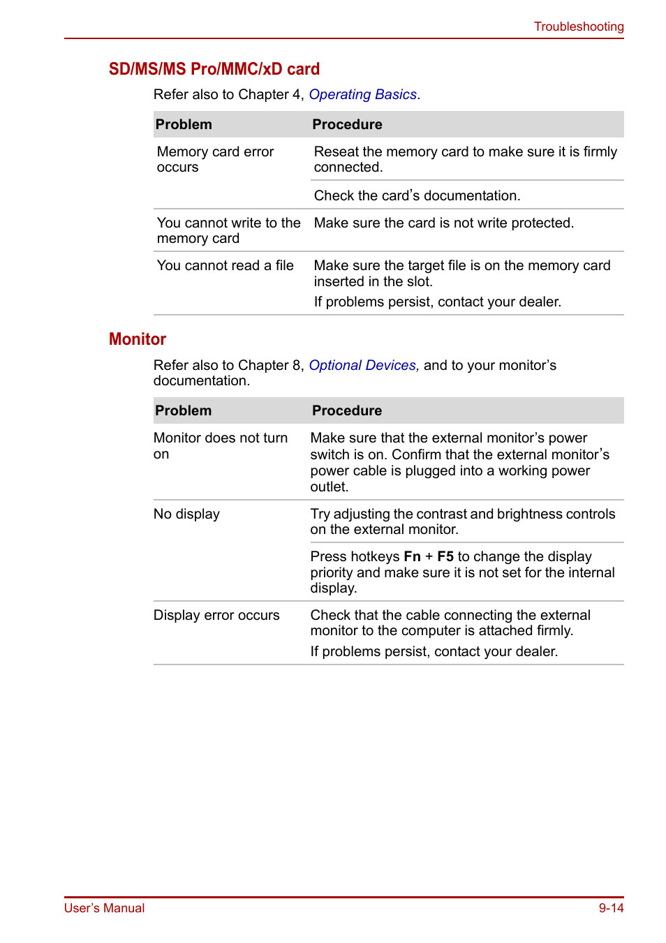 Sd/ms/ms pro/mmc/xd card, Monitor | Toshiba Equium A100 (PSAAB) User Manual | Page 151 / 187