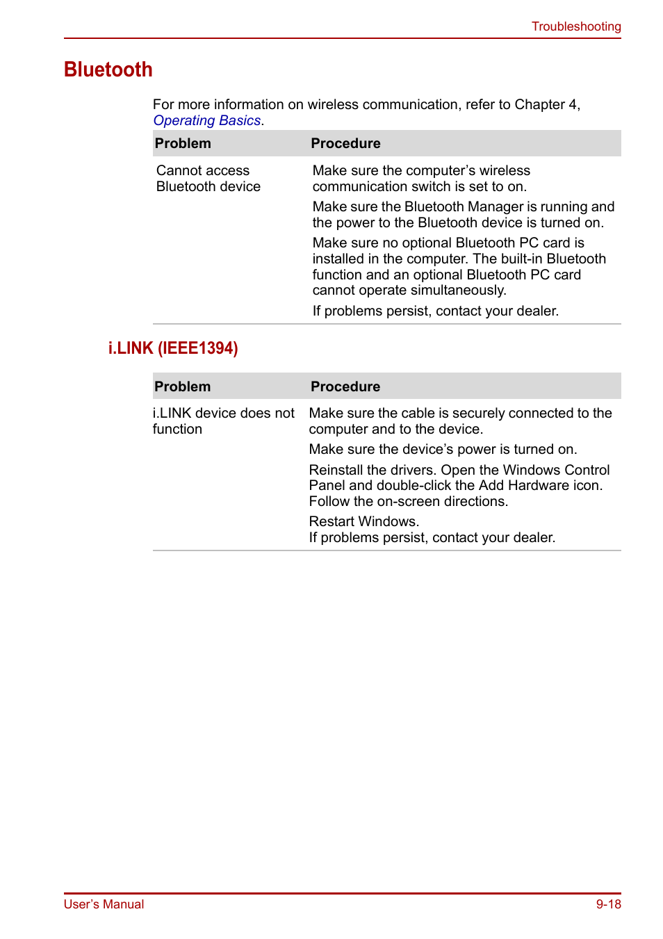 Bluetooth, Bluetooth -18, I.link (ieee1394) | Toshiba Equium A100 (PSAAB) User Manual | Page 155 / 187