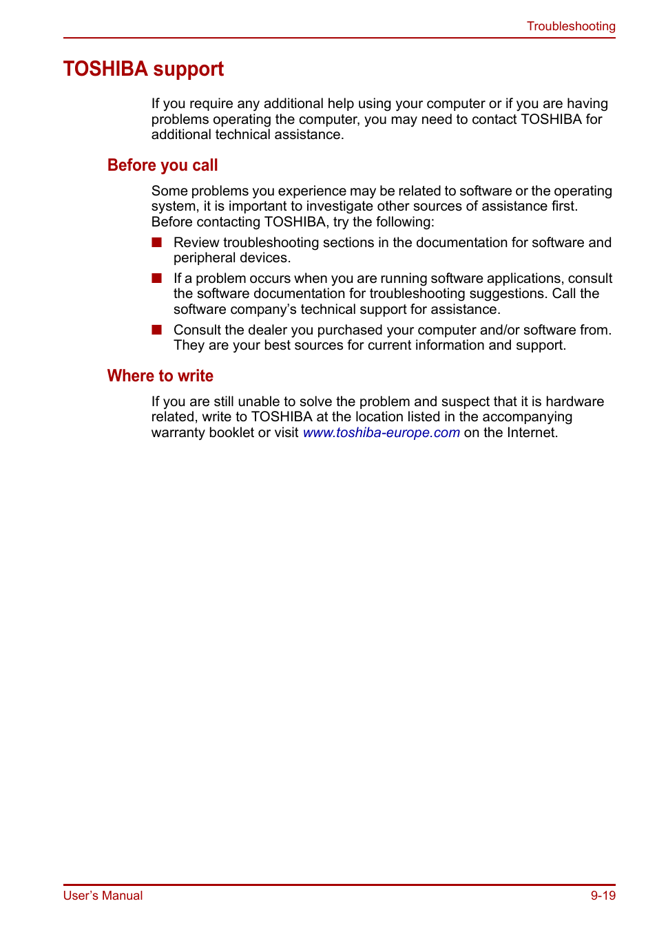 Toshiba support, Toshiba support -19, Before you call | Where to write | Toshiba Equium A100 (PSAAB) User Manual | Page 156 / 187