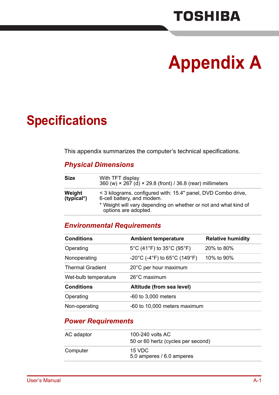 Appendix a: specifications, Appendix a, Specifications | Toshiba Equium A100 (PSAAB) User Manual | Page 157 / 187