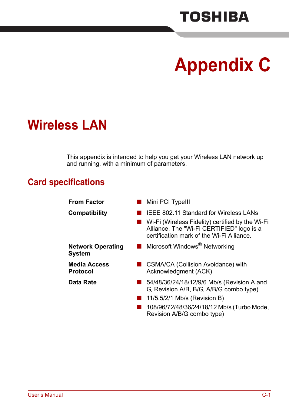Appendix c: wireless lan, Card specifications, Appendix c | Wireless lan | Toshiba Equium A100 (PSAAB) User Manual | Page 161 / 187