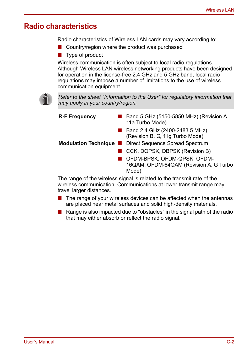 Radio characteristics | Toshiba Equium A100 (PSAAB) User Manual | Page 162 / 187