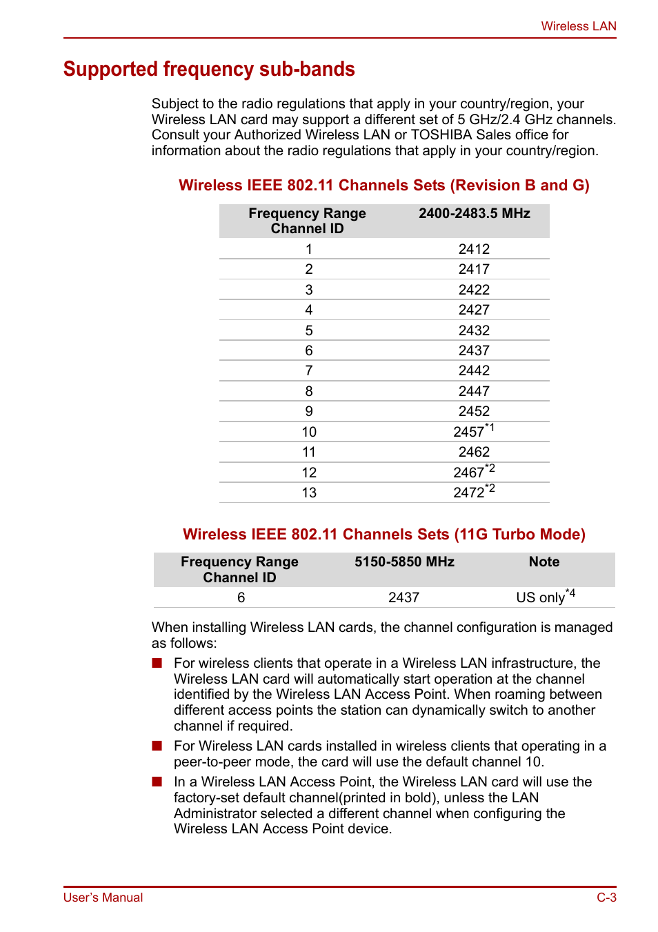 Supported frequency sub-bands | Toshiba Equium A100 (PSAAB) User Manual | Page 163 / 187