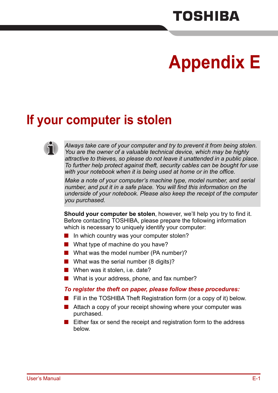 Appendix e: if your computer is stolen, Appendix e, If your computer is stolen | Toshiba Equium A100 (PSAAB) User Manual | Page 168 / 187