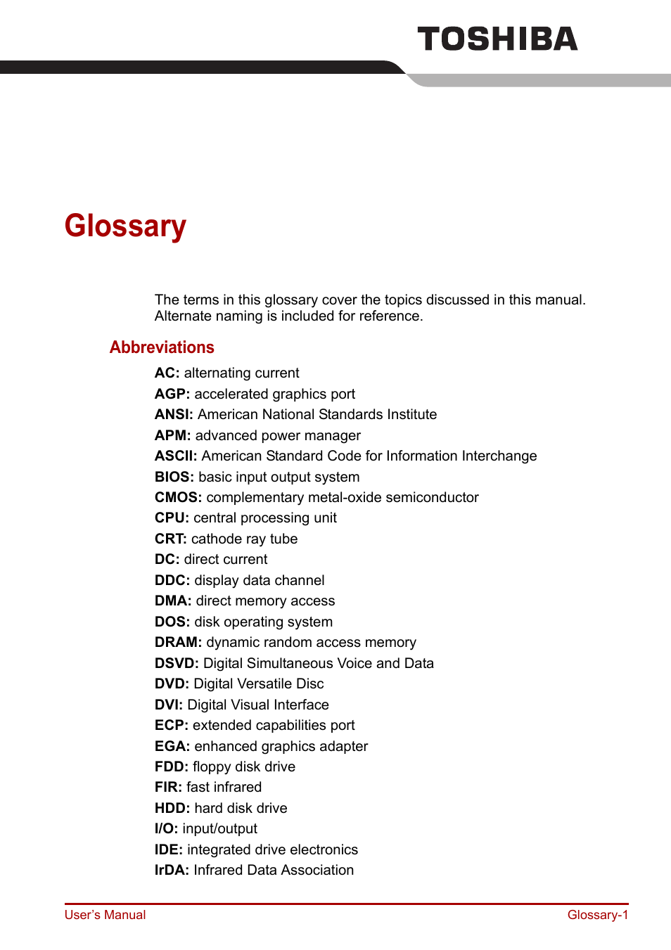 Glossary | Toshiba Equium A100 (PSAAB) User Manual | Page 170 / 187