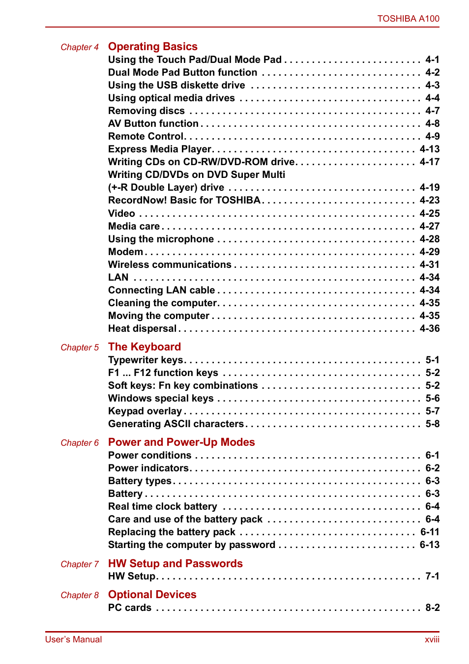 Toshiba Equium A100 (PSAAB) User Manual | Page 18 / 187