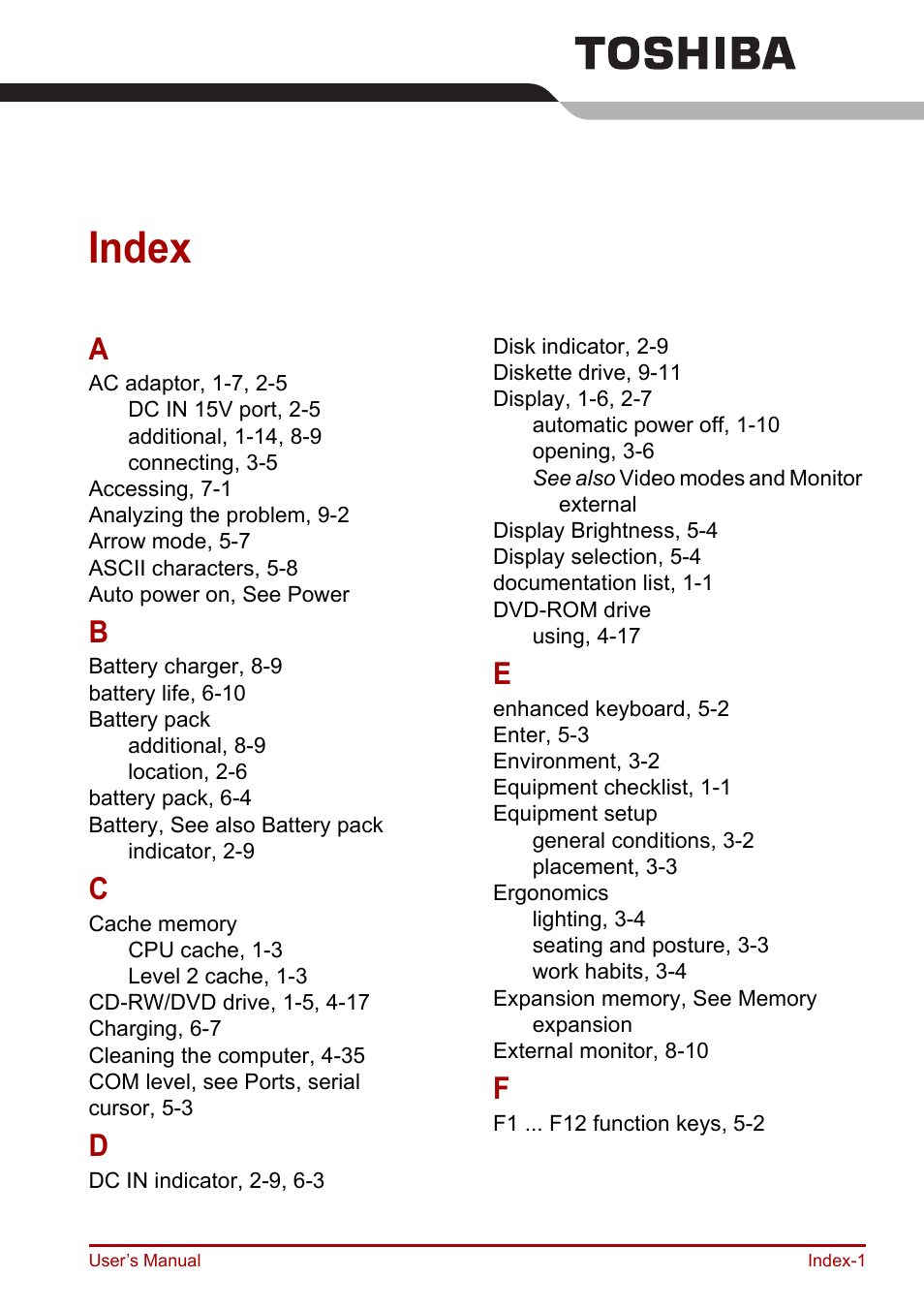 Index | Toshiba Equium A100 (PSAAB) User Manual | Page 184 / 187