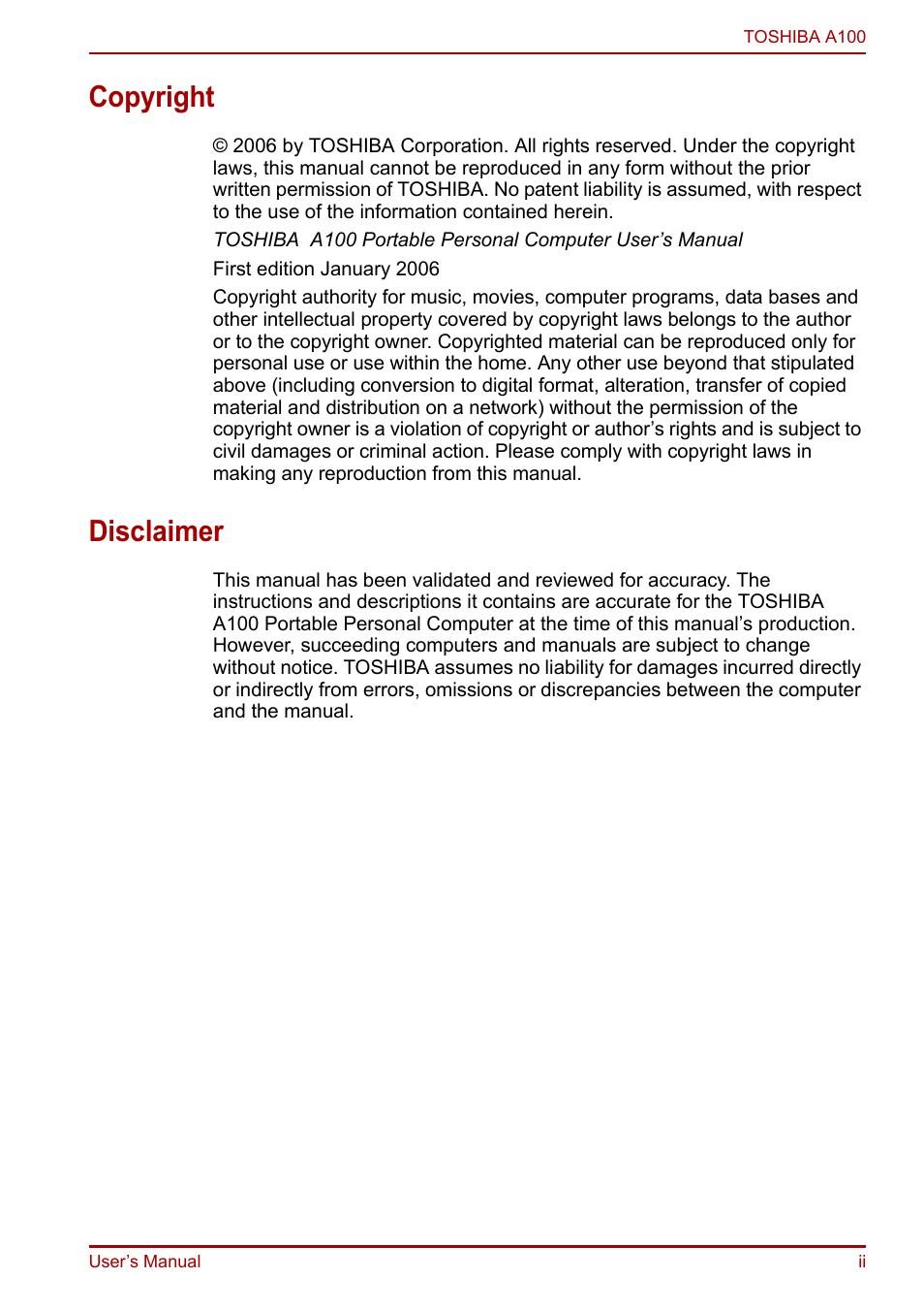 Copyright, Disclaimer | Toshiba Equium A100 (PSAAB) User Manual | Page 2 / 187