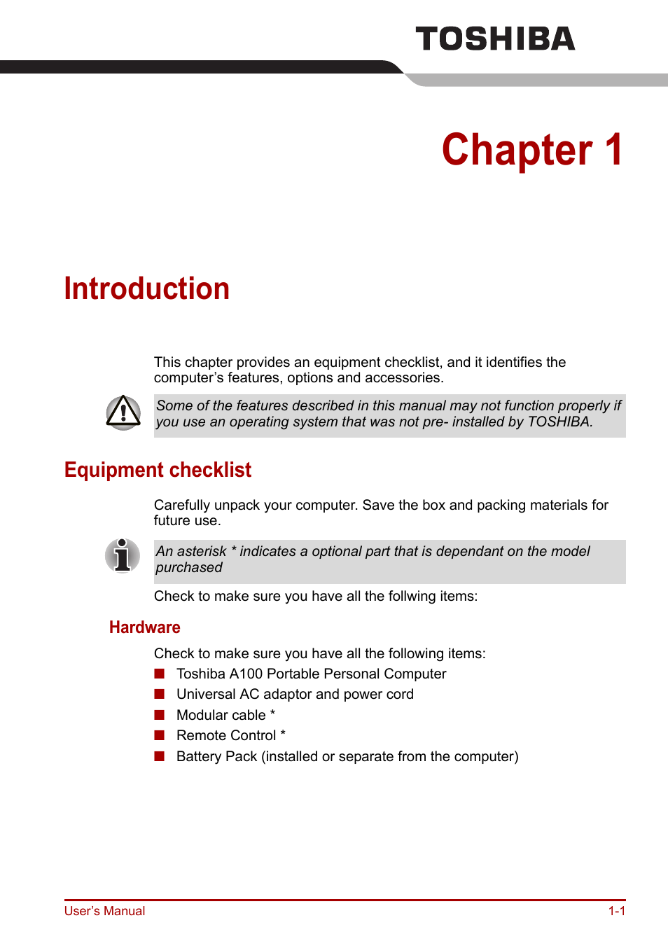 Chapter 1: introduction, Equipment checklist, Introduction | Of the, To lea, Chapter 1, Equipment checklist -1 | Toshiba Equium A100 (PSAAB) User Manual | Page 20 / 187