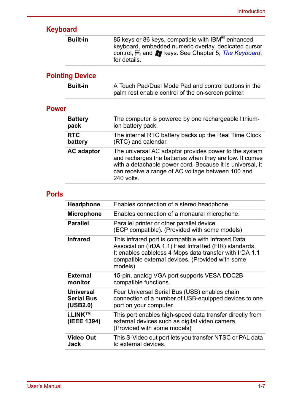 Keyboard pointing device power ports | Toshiba Equium A100 (PSAAB) User Manual | Page 26 / 187