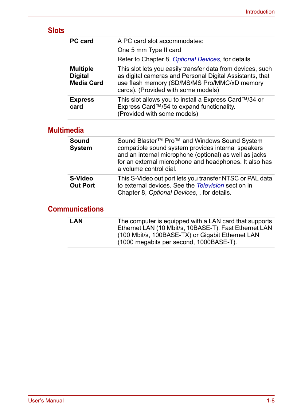 Slots multimedia communications | Toshiba Equium A100 (PSAAB) User Manual | Page 27 / 187
