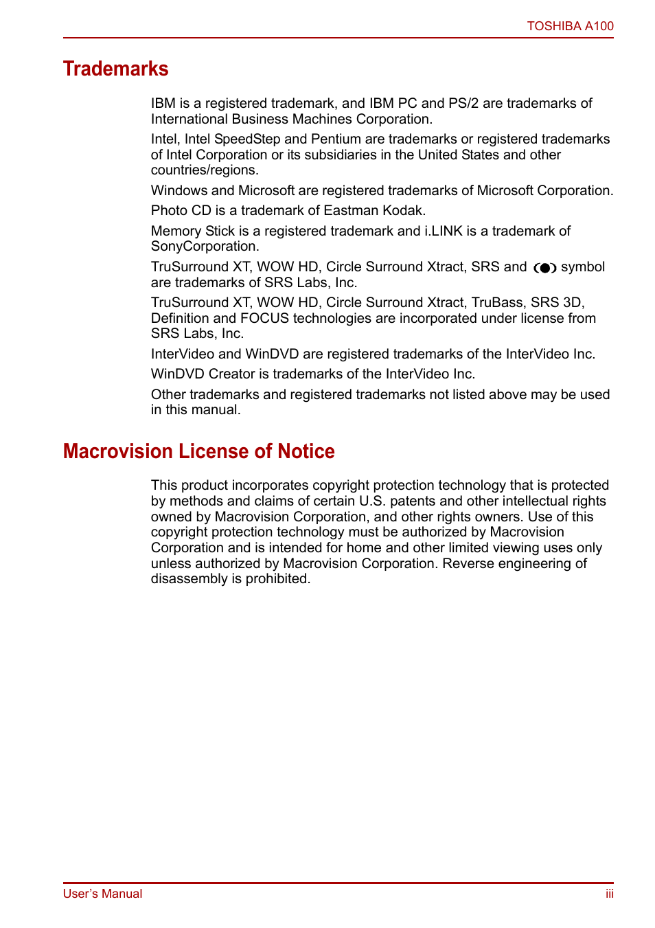Trademarks, Macrovision license of notice | Toshiba Equium A100 (PSAAB) User Manual | Page 3 / 187