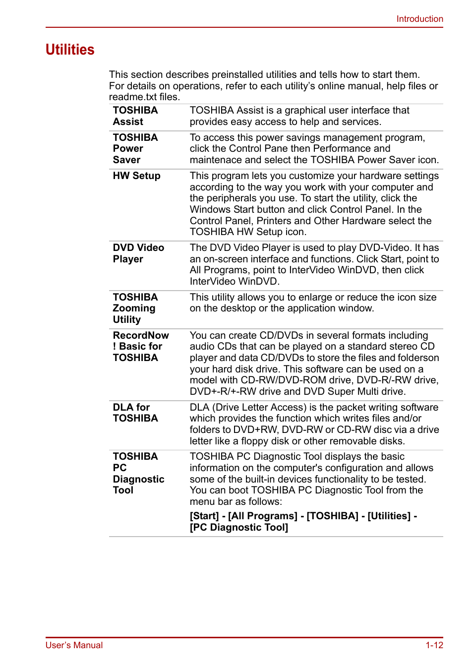 Utilities, Utilities -12 | Toshiba Equium A100 (PSAAB) User Manual | Page 31 / 187
