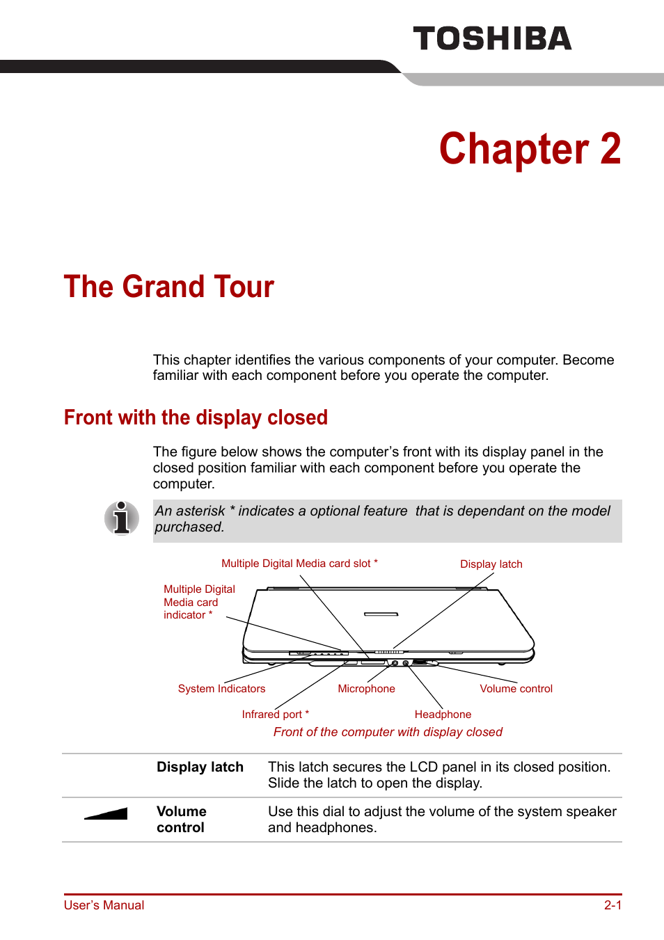 Chapter 2: the grand tour, Front with the display closed, The grand tour | Ter 2, Chapter 2, Front with the display closed -1 | Toshiba Equium A100 (PSAAB) User Manual | Page 34 / 187
