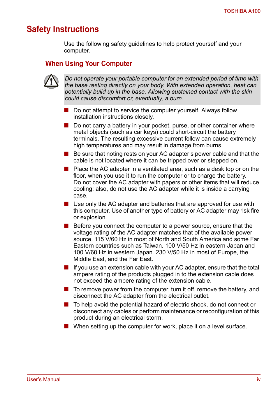 Safety instructions, When using your computer | Toshiba Equium A100 (PSAAB) User Manual | Page 4 / 187