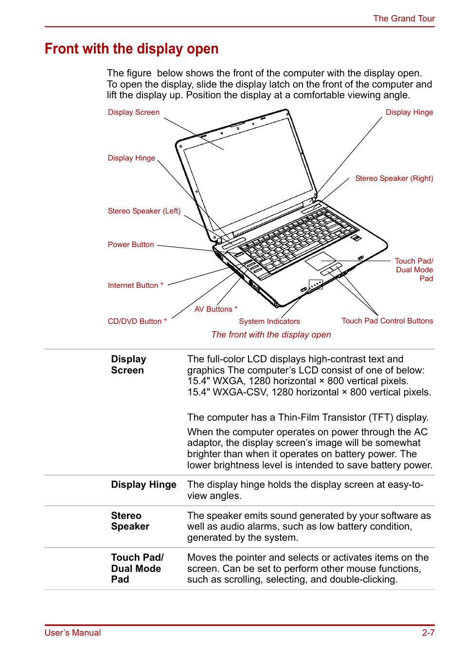 Front with the display open, Front with the display open -7 | Toshiba Equium A100 (PSAAB) User Manual | Page 40 / 187