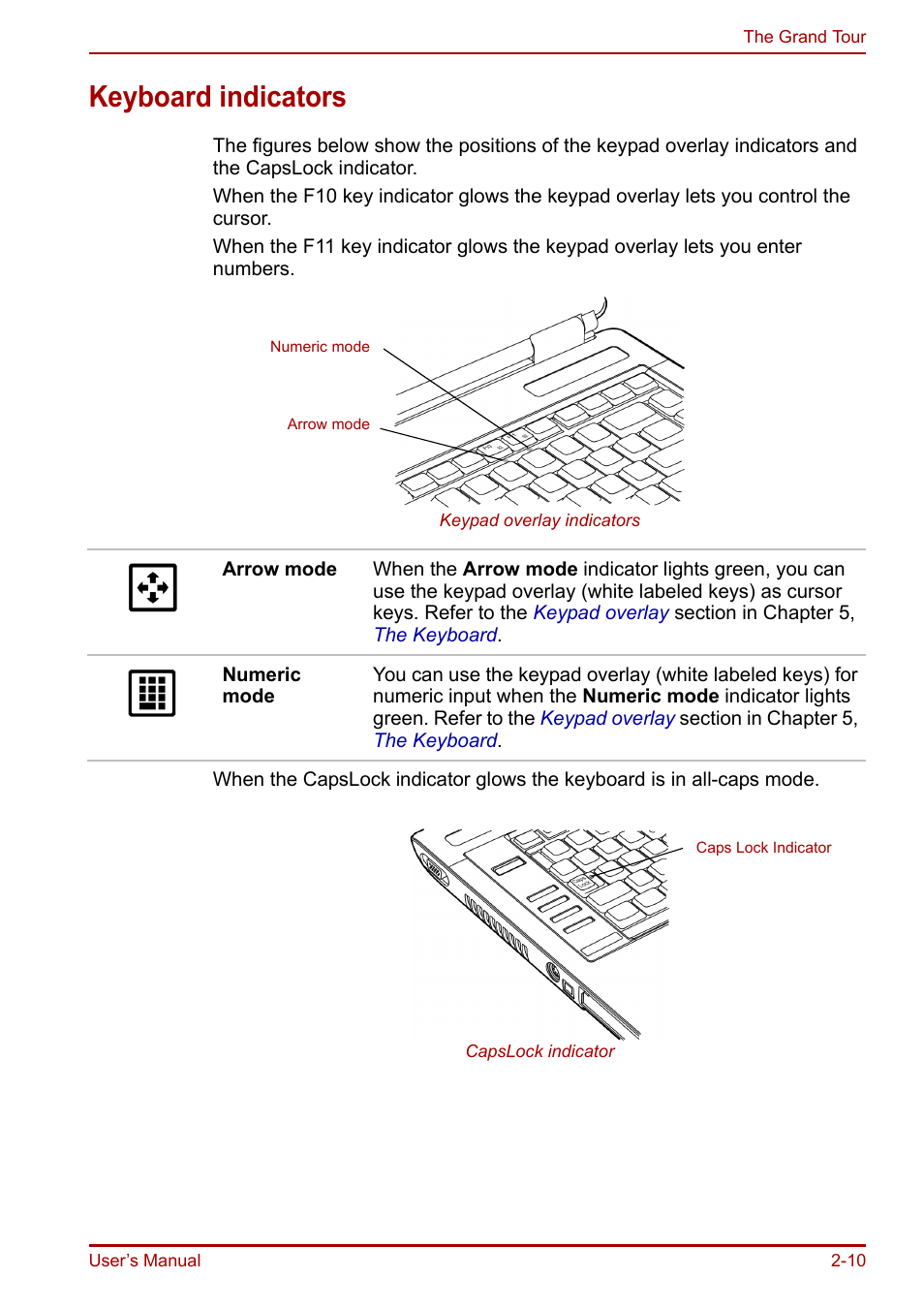 Keyboard indicators, Keyboard indicators -10 | Toshiba Equium A100 (PSAAB) User Manual | Page 43 / 187