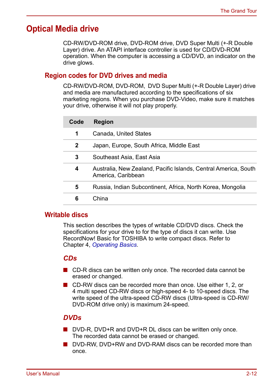 Optical media drive, Optical media drive -12, Region codes for dvd drives and media | Writable discs | Toshiba Equium A100 (PSAAB) User Manual | Page 45 / 187