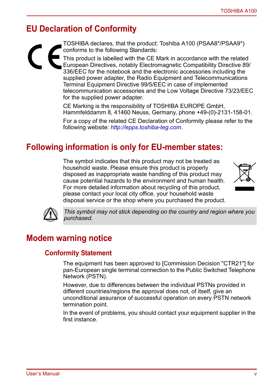 Modem warning notice | Toshiba Equium A100 (PSAAB) User Manual | Page 5 / 187