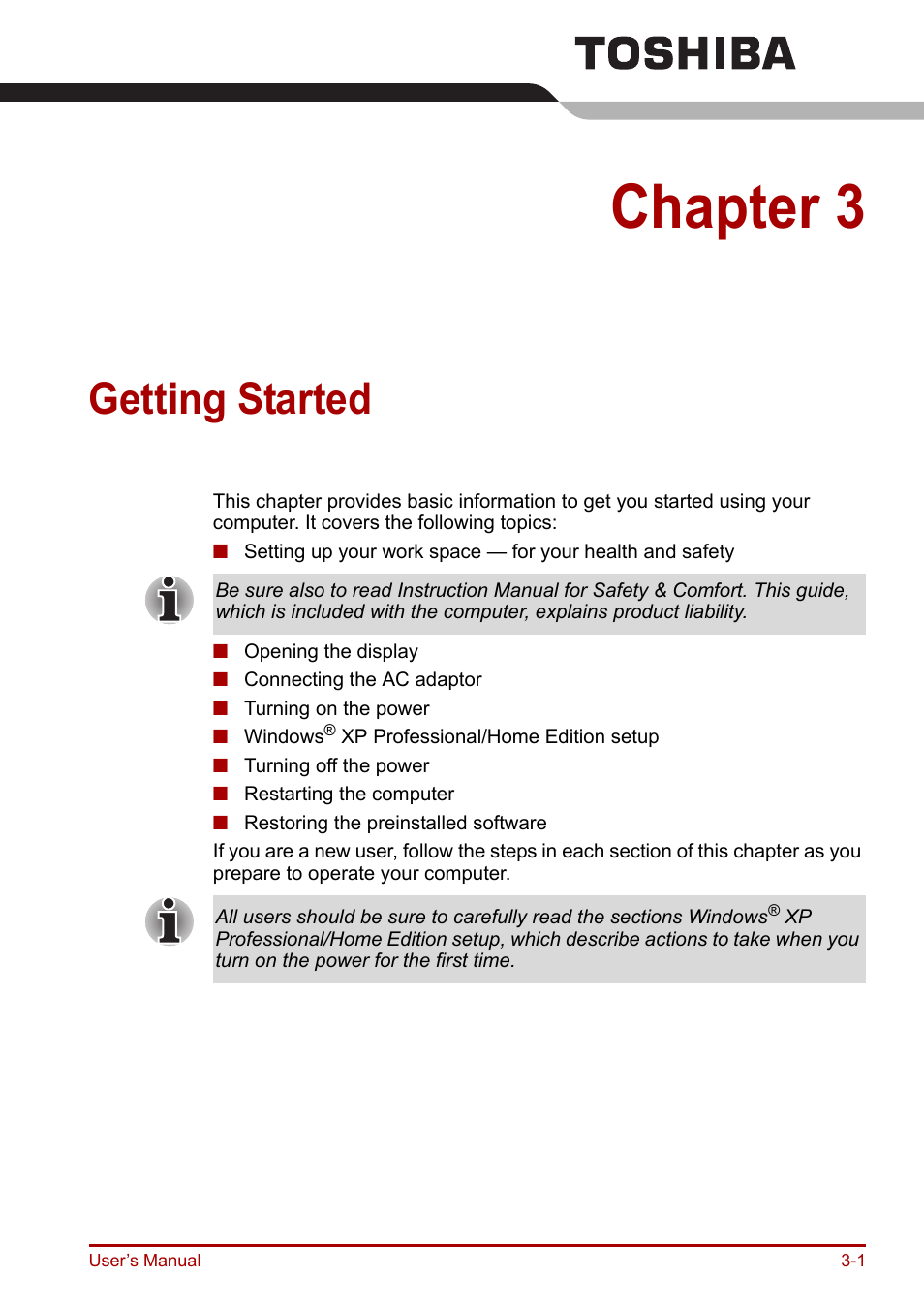 Chapter 3: getting started, Getting started, Provi | Chapter 3 | Toshiba Equium A100 (PSAAB) User Manual | Page 50 / 187